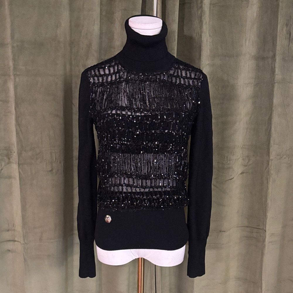 Philipp Plein Couture Elegant Black seguin details Turtleneck Sweater, S